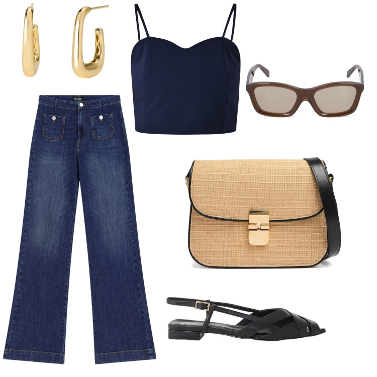 Outfit donna - Sul traghetto. per Serata fuori. Abbinamento con orecchini, canottiere, jeans a zampa, sandali, occhiali da sole, borse a spalla.