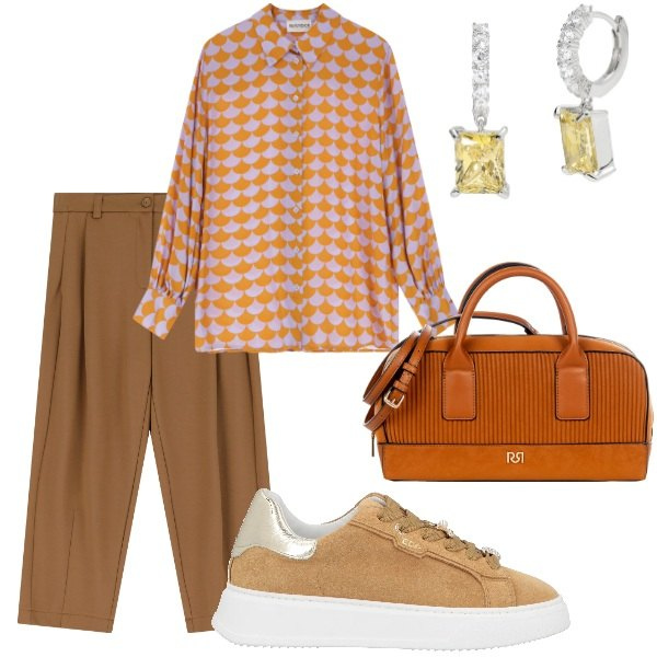 Outfit donna - Passeggiando al parco. Stile Casual chic per Tutti i giorni. Abbinamento con sneakers, borse a mano, orecchini, pantaloni, camicie.