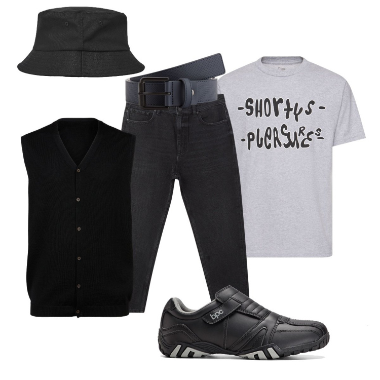 Outfit uomo - Total black. Stile Urban per Tutti i giorni. Abbinamento con scarpe stringate, cappelli, jeans, gilet, t-shirt, cinture.