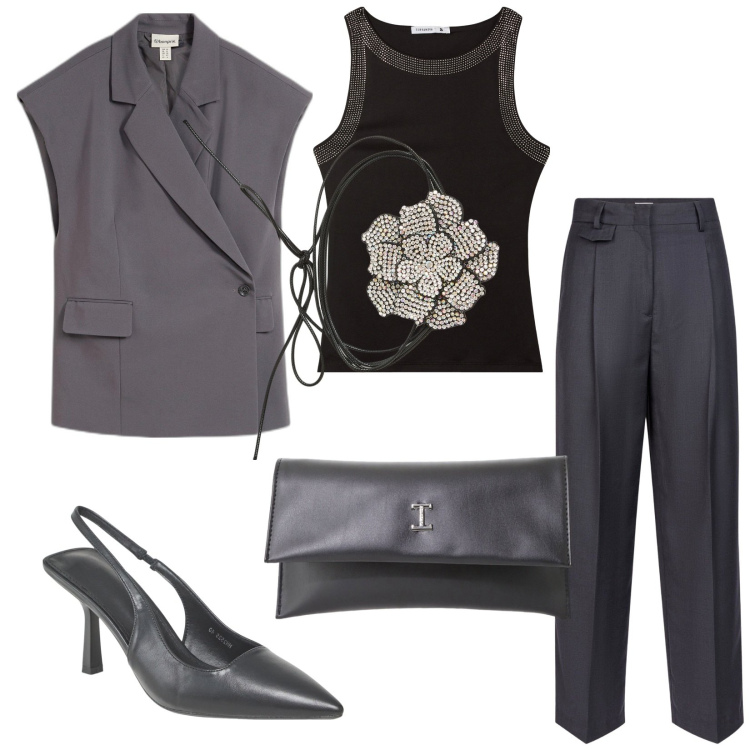 Outfit donna - Total look #2116287. Stile Chic per Cerimonia. Abbinamento con gilet, canottiere, collane, décolleté, pochette, pantaloni.