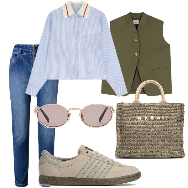 Outfit donna - Aperitivo veloce. Stile Casual chic per Serata fuori. Abbinamento con camicie, blazer, jeans skinny, shopping bag, occhiali da sole, sneakers.
