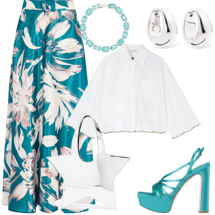 Outfit donna - Green. Stile Glamour per Serata fuori. Abbinamento con sandali in pelle, braccialetti, gonne lunghe, orecchini, borse a tracolla, camicie.