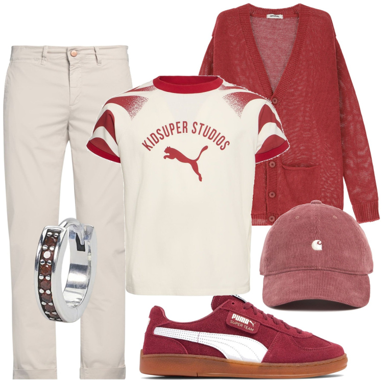 Outfit uomo - Total look #2116309. Stile Urban per Tutti i giorni. Abbinamento con pantaloni chino, orecchini, cardigans, cappelli, sneakers, t-shirt.