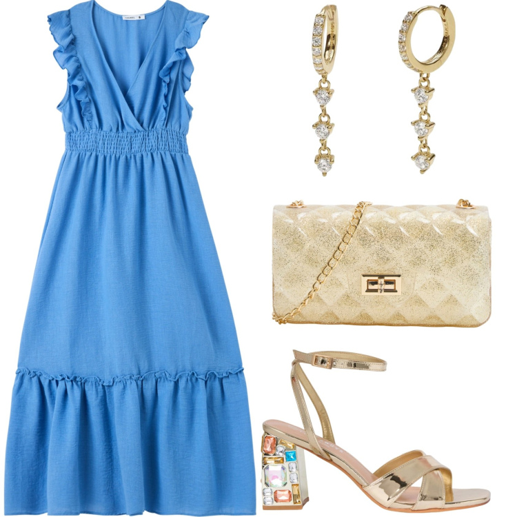Outfit donna - Carta da zucchero e oro!. Stile Chic per Cerimonia. Abbinamento con vestiti lunghi, borse a tracolla, sandali gioiello, orecchini.