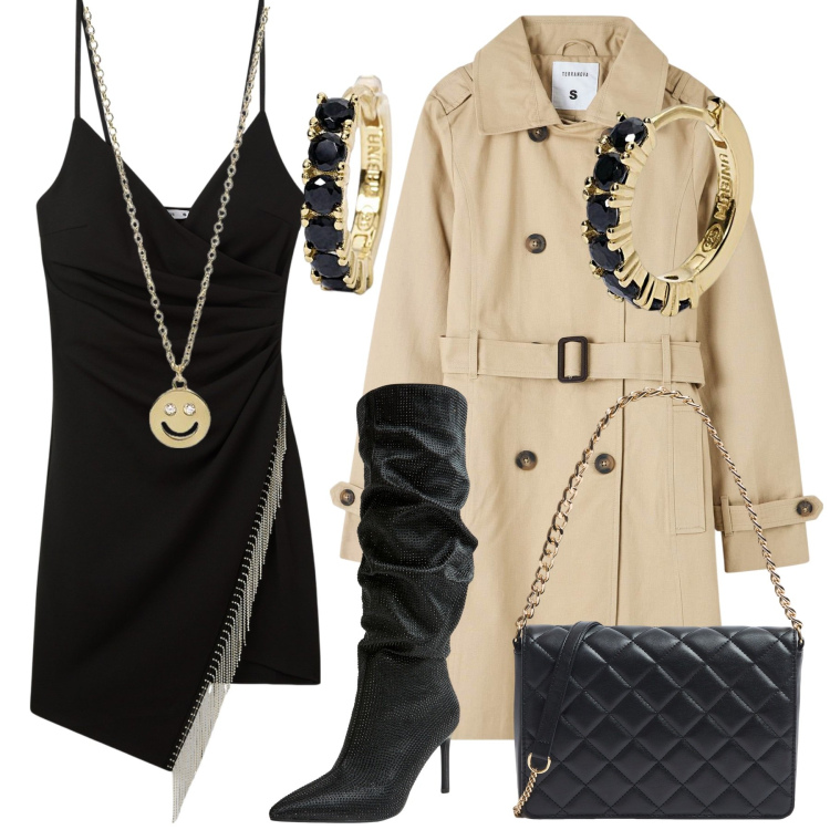 Outfit donna - Total look #2116314. Stile Glamour per Serata fuori. Abbinamento con trench, vestiti corti, borse a tracolla, stivali, orecchini, collane.