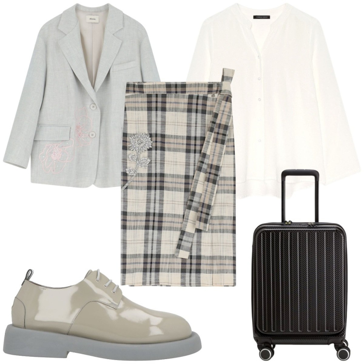 Outfit donna - Total look #2116315. Stile Trendy per Tutti i giorni. Abbinamento con scarpe stringate, gonne longuette, camicie, blazer, valigie.