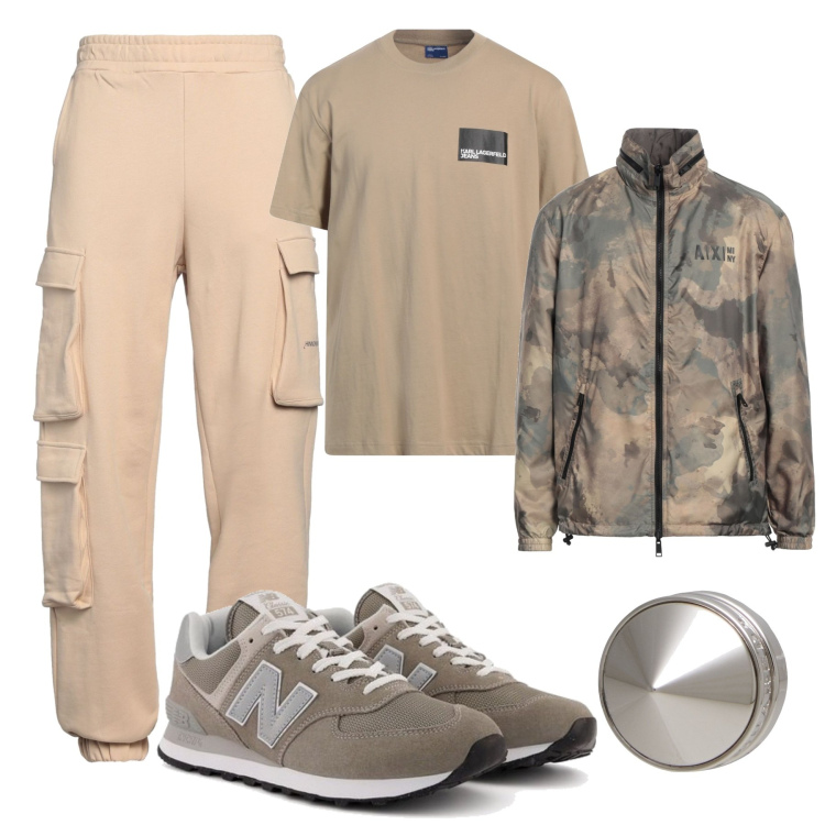 Outfit hombre - Urban #2242. Estilo Urban para Todos los días. Combinación con pendientes, sneakers, pantalones cargo, camiseta, chaquetas.
