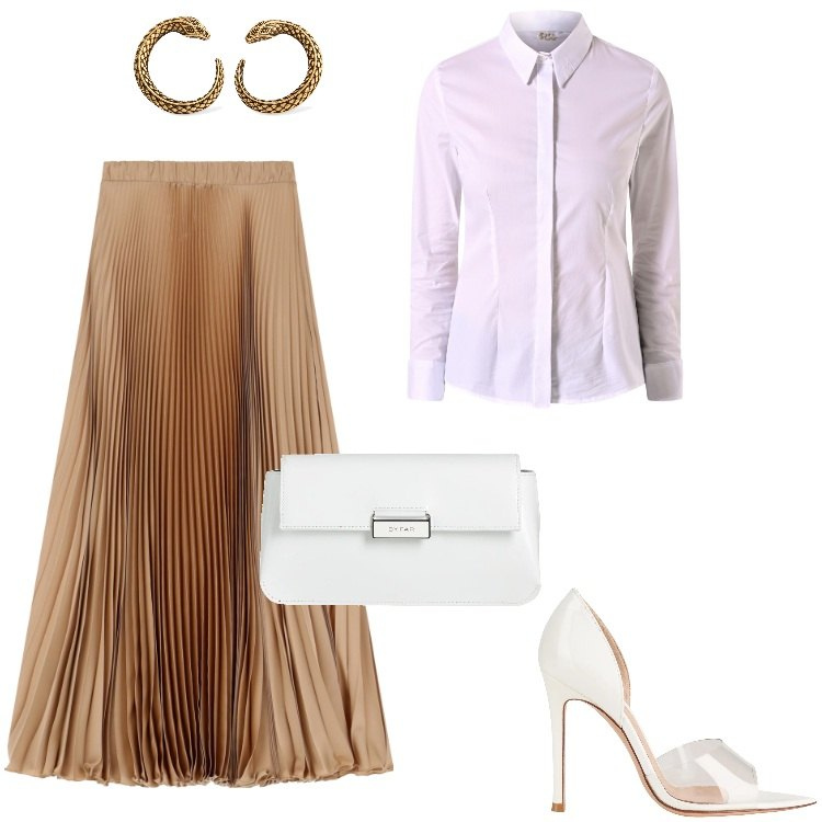 Outfit donna - Beige, bianco e oro. Stile Chic per Tutti i giorni. Abbinamento con décolleté, borse a mano, gonne lunghe, camicie, orecchini.