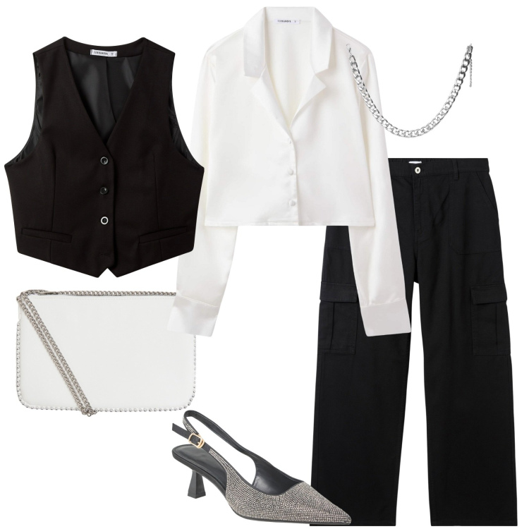 Outfit donna - Total look #2116324. Stile Casual chic per Serata fuori. Abbinamento con camicie, collane, pantaloni cargo, décolleté, gilet, borse a tracolla.