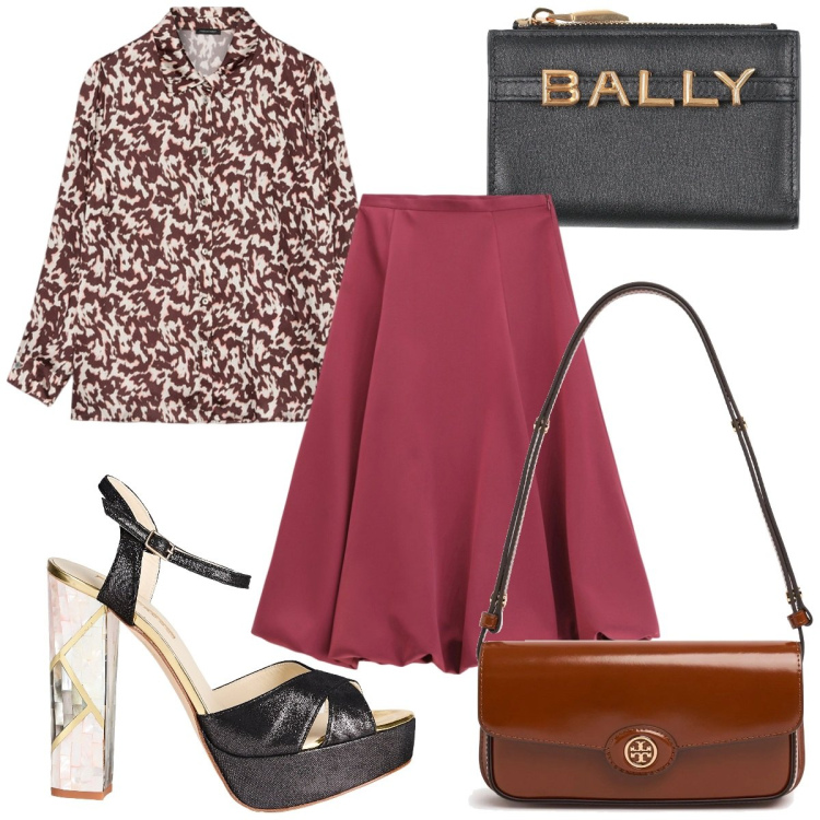 Outfit donna - Total look #2116336. Stile Trendy per Tutti i giorni. Abbinamento con sandali in pelle, portafogli, gonne longuette, camicie, borse a spalla.