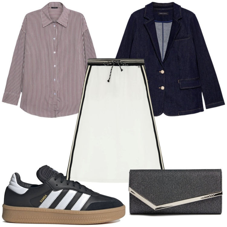 Outfit donna - Total look #2116341. Stile Sporty chic per Tutti i giorni. Abbinamento con gonne longuette, blazer, camicie, pochette, sneakers.