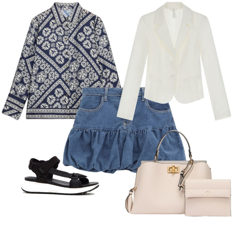 Outfit donna - Total look #2116342. Stile Trendy per Tutti i giorni. Abbinamento con sandali, minigonne, blazer, borse a mano, camicie.