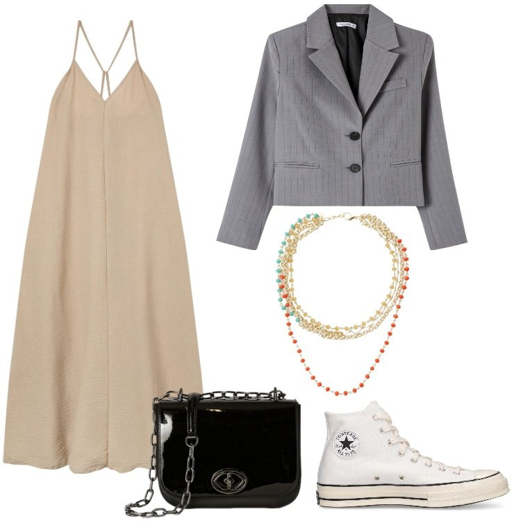 Outfit donna - Giacca cropped gessata. Stile Trendy per Tutti i giorni. Abbinamento con vestiti lunghi, blazer, collane, sneakers, borse a tracolla.