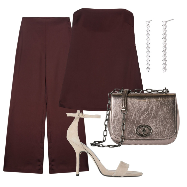 Outfit donna - Doppelganger sera. Stile Chic per Serata fuori. Abbinamento con sandali in pelle, orecchini, top, pantaloni a palazzo, borse a tracolla.