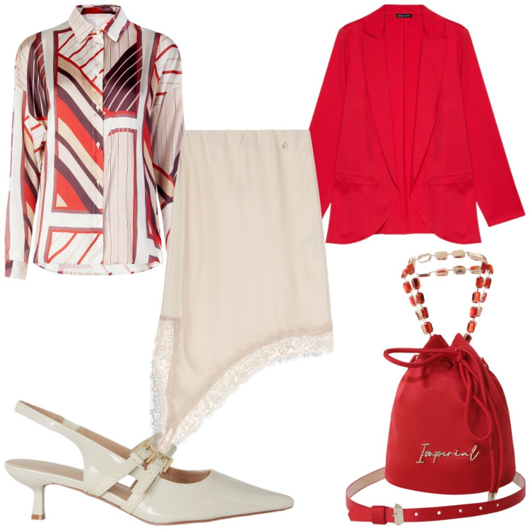 Outfit donna - Total look #2116350. Stile Trendy per Tutti i giorni. Abbinamento con camicie, borse a secchiello, gonne longuette, blazer, décolleté.