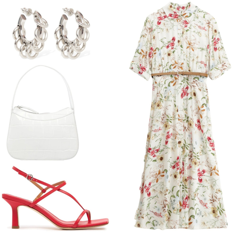 Outfit donna - Giorno speciale. Stile Casual chic per Cerimonia. Abbinamento con borse a mano, vestiti midi/longuette, sandali in pelle, orecchini.