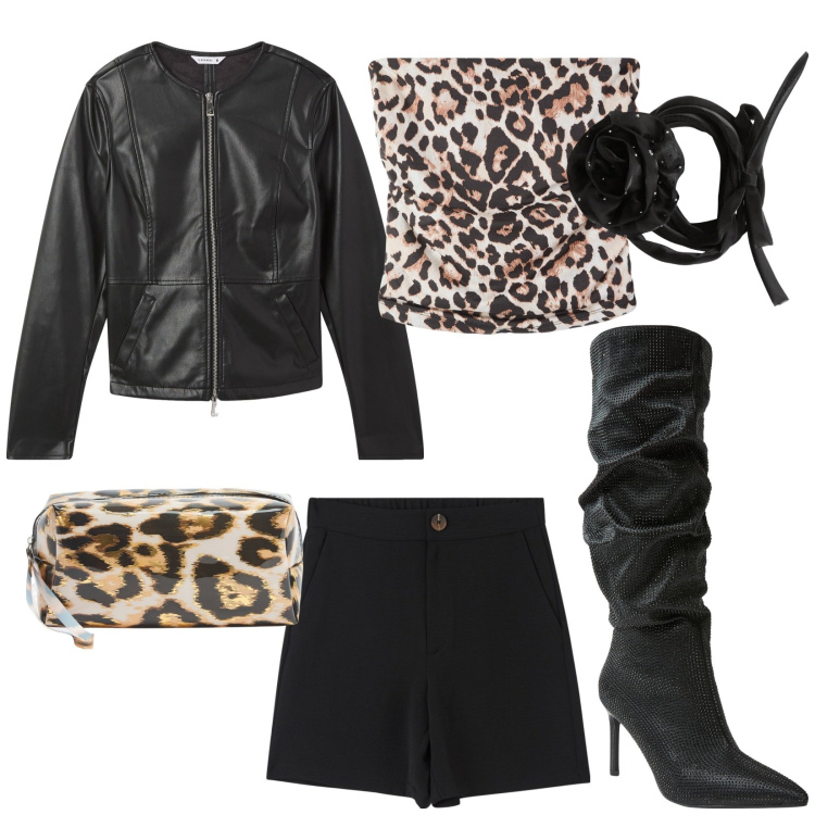 Outfit donna - Total look #2116355. Stile Rock per Serata fuori. look ideale per Tall. Abbinamento con blazer, top, collane, bermuda, valigie, stivali.