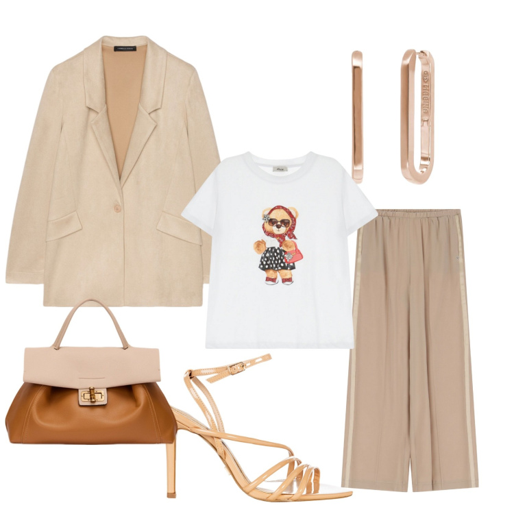 Outfit donna - Spring working time. Stile Casual chic per Tutti i giorni. Abbinamento con orecchini, sandali col tacco, pantaloni, t-shirt, blazer, borse a tracolla.