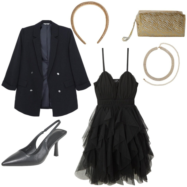 Outfit donna - Diva. Stile Chic Abbinamento con blazer, vestiti corti, décolleté, pochette, collane, cerchietti.