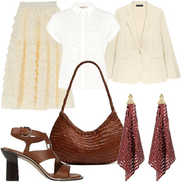 Outfit donna - Gonna e camicia. Stile Glamour per Serata fuori. Abbinamento con sandali in pelle, camicie a manica corta, gonne, blazer, orecchini, borse a spalla.