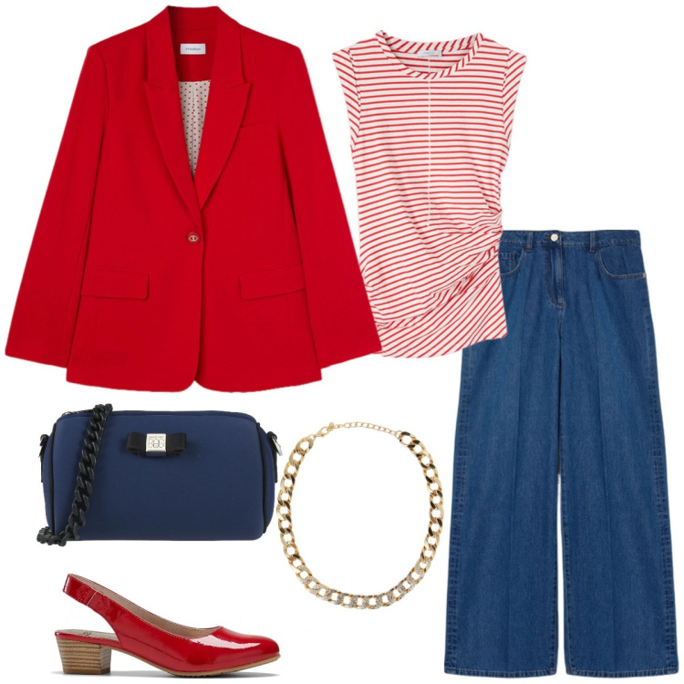 Outfit donna - Lo stile Motivi. Stile Casual per Tutti i giorni. Abbinamento con décolleté, borse a tracolla, collane, blazer, jeans, top.