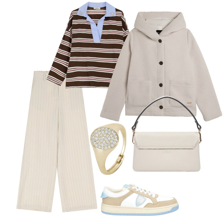 Outfit donna - E si esce. per Tutti i giorni. Abbinamento con sneakers, anelli, blazer, pantaloni a palazzo, maglieria, borse a tracolla.