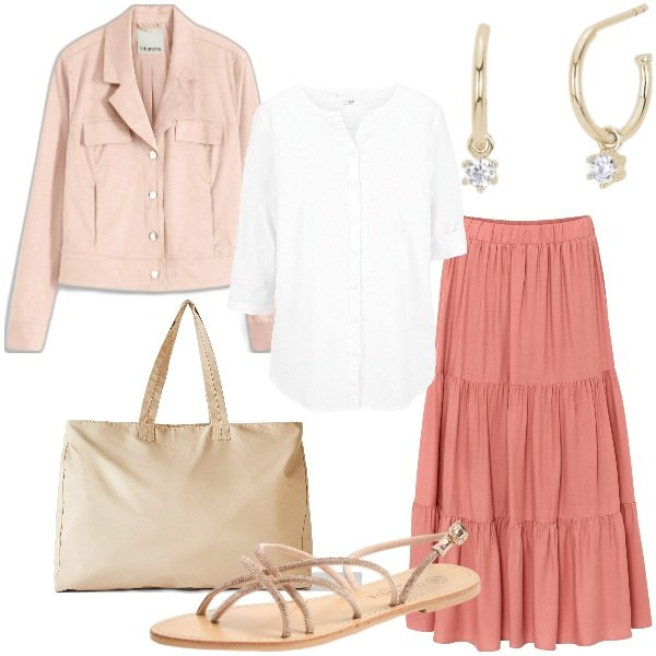 Outfit donna - Gonna e camicia. Stile Casual chic per Tutti i giorni. Abbinamento con gonne longuette, camicie, shopping bag, blazer, sandali, orecchini.