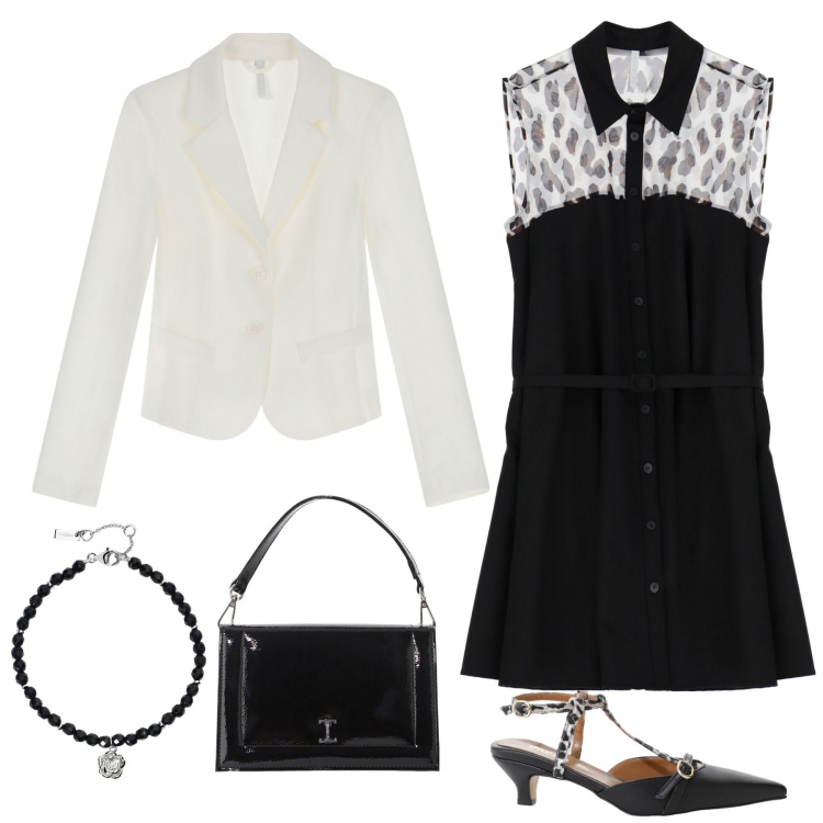 Outfit donna - Accenno animalier. Stile Bon Ton per Ufficio. Abbinamento con braccialetti, décolleté, borse a tracolla, vestiti corti, blazer.