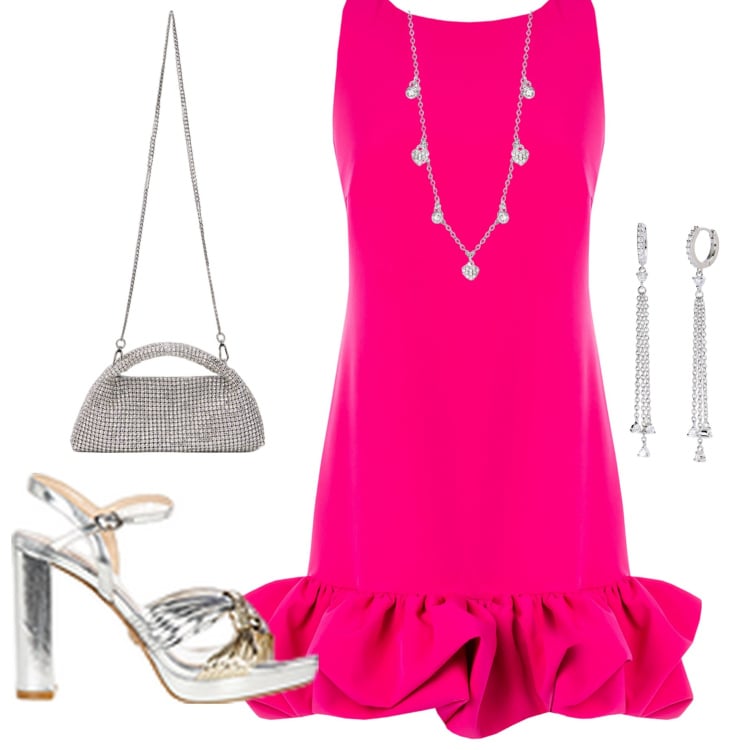 Outfit donna - Cerimonia in fucsia. Stile Chic per Cerimonia. Abbinamento con orecchini, collane, vestiti, sandali in pelle, clutch.