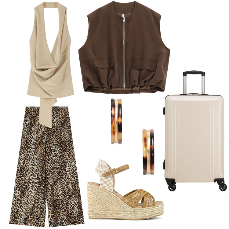 Outfit donna - Dall\' ufficio all\' aeroporto. Stile Casual chic per Ufficio. Abbinamento con top, blazer, pantaloni, orecchini, zeppe, valigie.