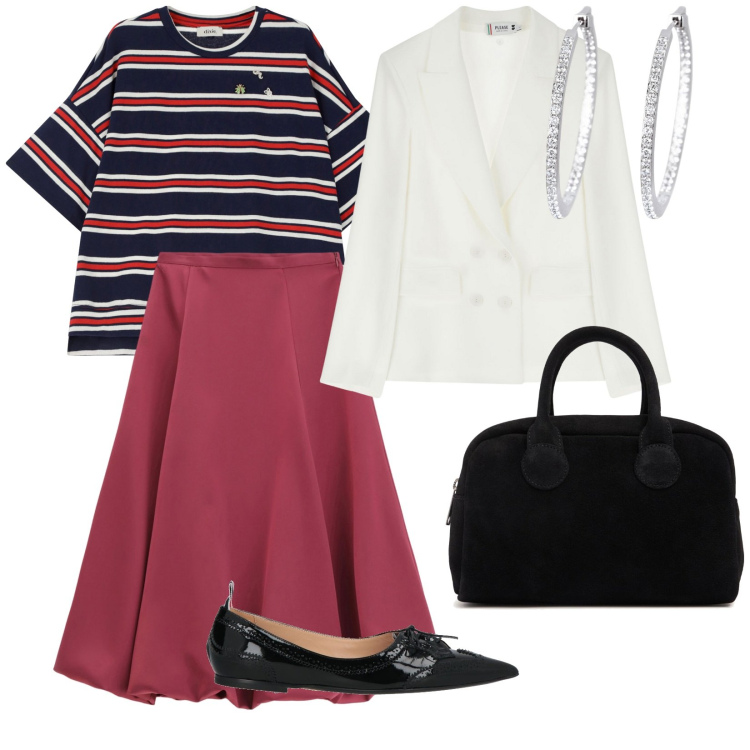 Outfit donna - In ufficio. per Ufficio. Abbinamento con ballerine, orecchini, blazer, gonne longuette, t-shirt, borse a mano.