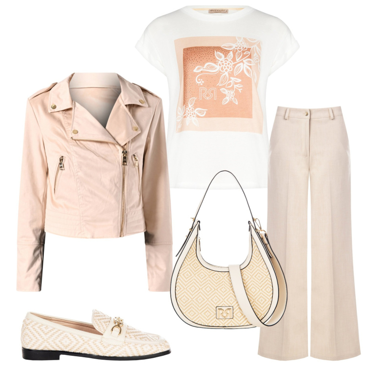 Outfit donna - In città. Stile Casual chic per Tutti i giorni. Abbinamento con t-shirt, pantaloni, mocassini, borse a mano, giacche.