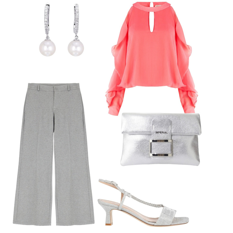 Outfit donna - Cerimonia in famiglia. per Cerimonia. Abbinamento con sandali in pelle, orecchini, bluse, pantaloni a palazzo, pochette.