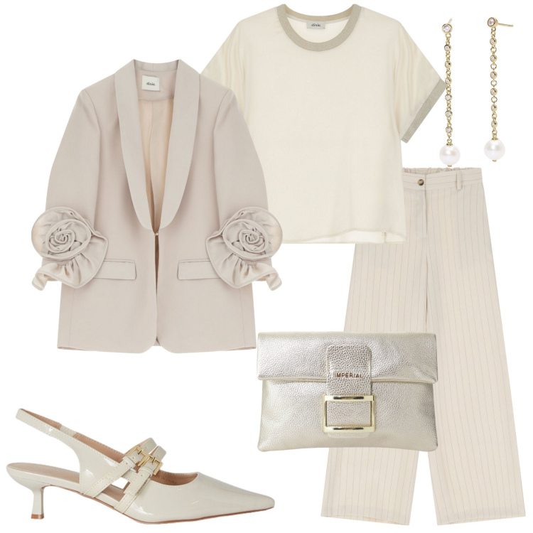 Outfit donna - Giacca con rouche. Stile Chic per Cerimonia. Abbinamento con orecchini, pochette, pantaloni a palazzo, blazer, t-shirt, décolleté.