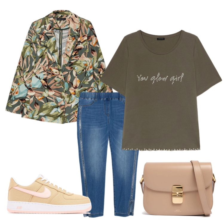 Outfit donna - Softy Spring. Stile Trendy per Serata fuori. Abbinamento con jeggings, t-shirt, sneakers, borse a spalla, blazer.