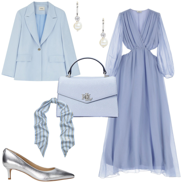 Outfit donna - Cerimonia evento serata speciale. Stile Romantica per Cerimonia. Abbinamento con vestiti lunghi, blazer, décolleté, borse a mano, orecchini, foulard.