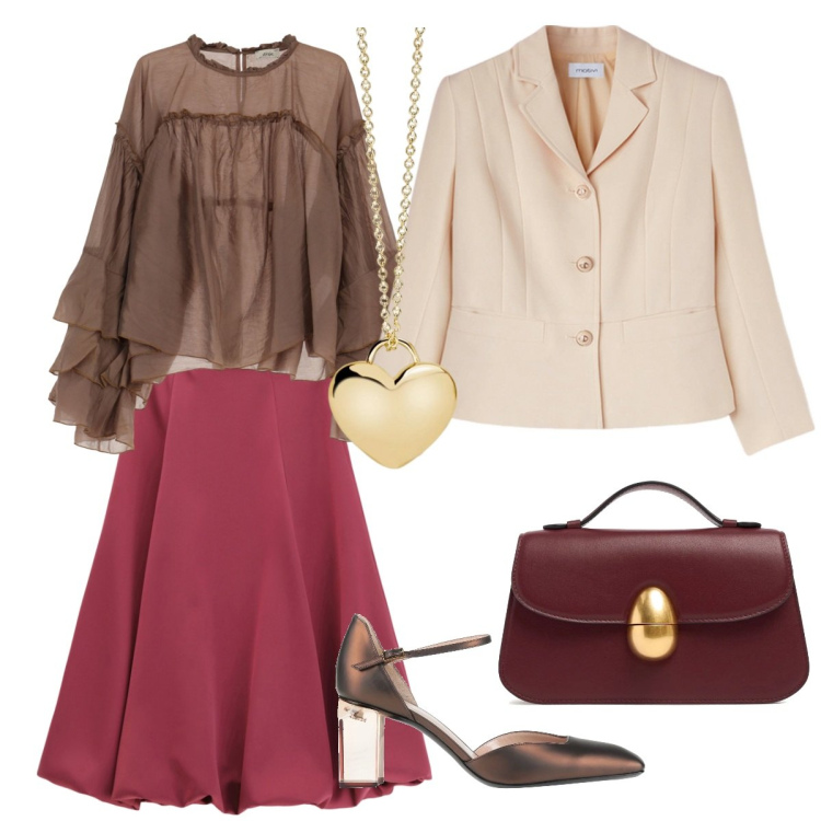 Outfit donna - Aperitivo. Stile Boho per Serata fuori. Abbinamento con décolleté, collane, gonne longuette, camicie, borse a mano, blazer.
