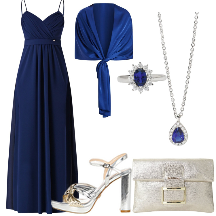 Outfit donna - Eleganza blu notte. Stile Chic per Cerimonia. Abbinamento con vestiti lunghi, sandali in pelle, stole, collane, anelli, pochette.
