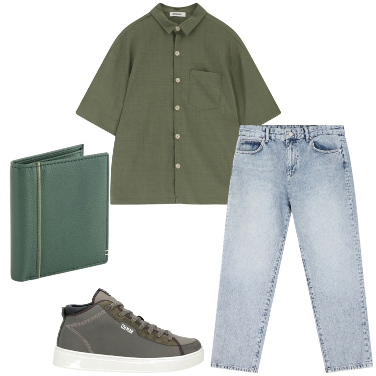 Outfit uomo - Total look #2116440. Stile Casual per Tutti i giorni. Abbinamento con sneakers alte, jeans dritti, camicie a manica corta, portafogli.