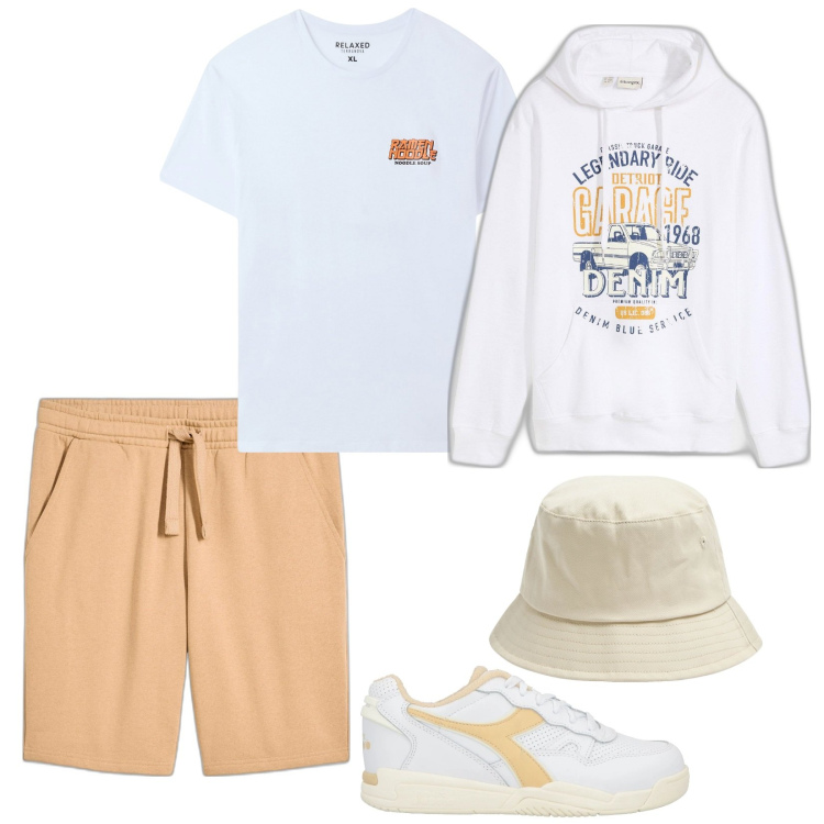 Outfit uomo - Total look #2116442. Stile Casual per Sport. Abbinamento con bermuda, felpe con cappuccio, sneakers, cappelli, t-shirt.