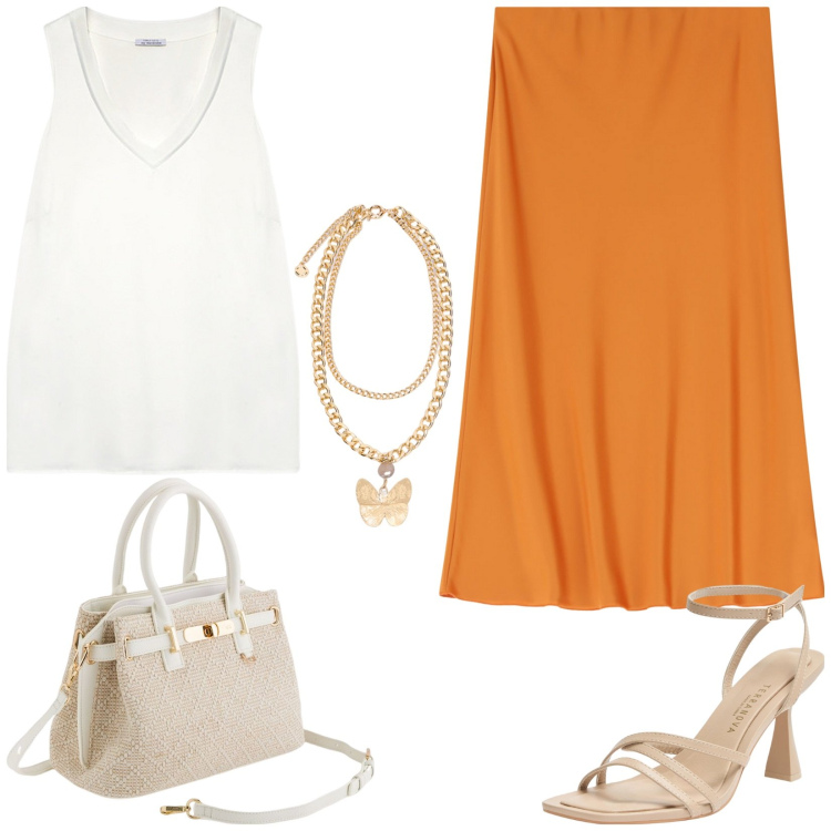 Outfit donna - Easy chic. Stile Casual chic per Tutti i giorni. Abbinamento con sandali col tacco, gonne longuette, top, collane, borse a mano.