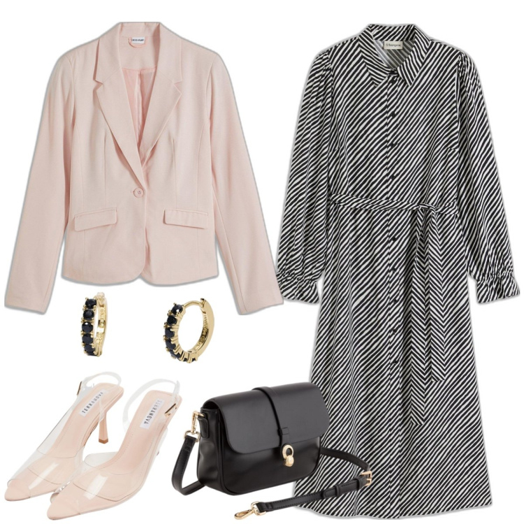 Outfit donna - Accessori cipria. Stile Bon Ton per Tutti i giorni. Abbinamento con blazer, vestiti chemisier, sandali col tacco, orecchini, borse a tracolla.