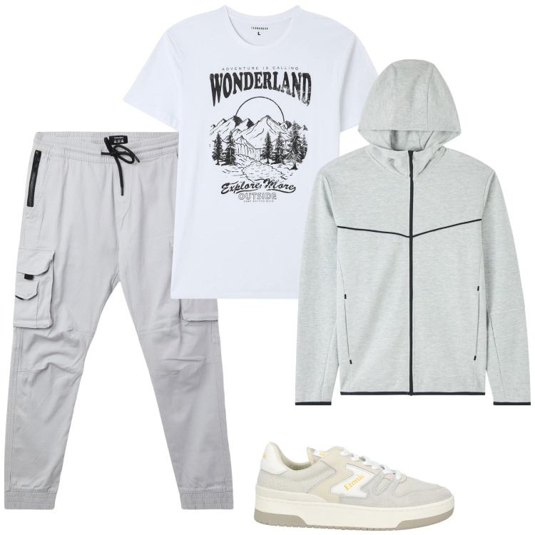Outfit uomo - Total look #2116464. Stile Casual per Sport. Abbinamento con sneakers, felpe con cappuccio, t-shirt, pantaloni cargo.
