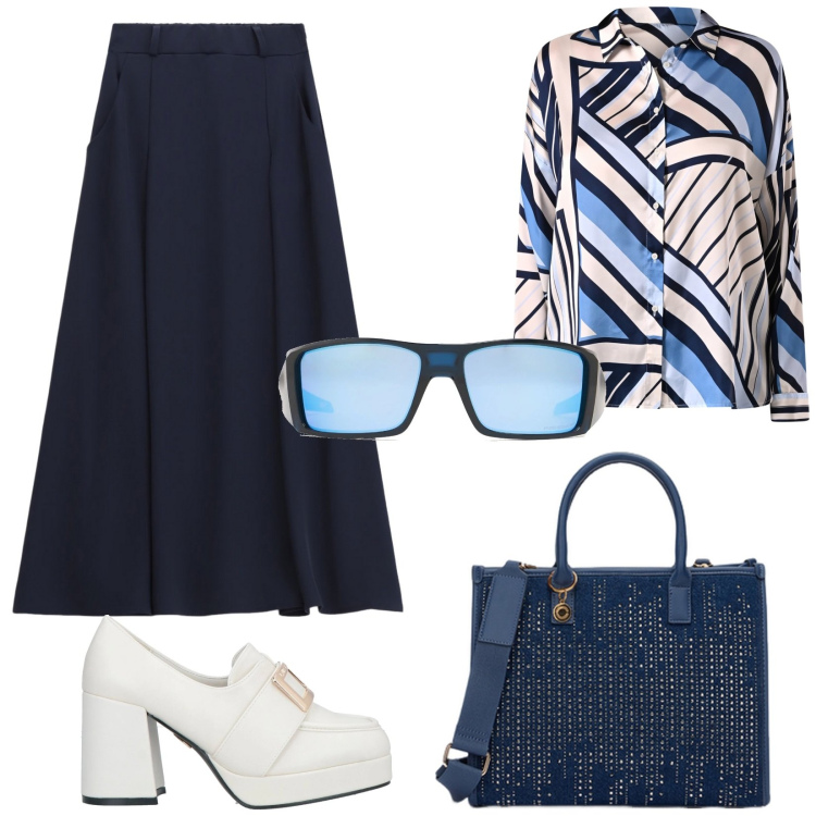 Outfit donna - Gonna e camicia. Stile Casual chic per Ufficio. Abbinamento con mocassini, gonne lunghe, camicie, occhiali da sole, borse a mano.