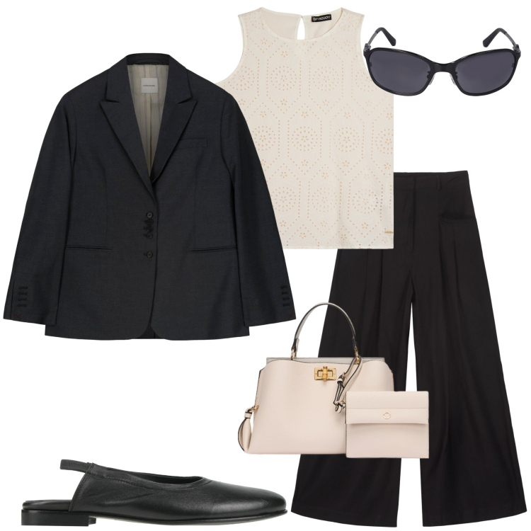 Outfit donna - In città. Stile Casual chic per Tutti i giorni. Abbinamento con ballerine, canottiere, blazer, pantaloni, occhiali da sole, borse a mano.