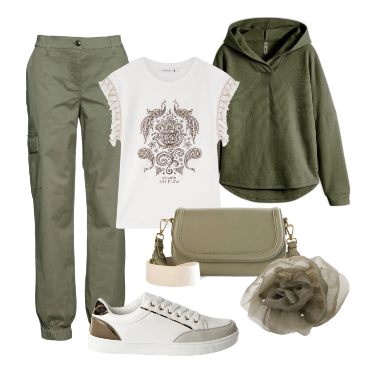 Outfit donna - Giornata sprint !. Stile Casual per Tutti i giorni. Abbinamento con felpe, pantaloni cargo, borse a tracolla, sneakers, t-shirt, foulard.