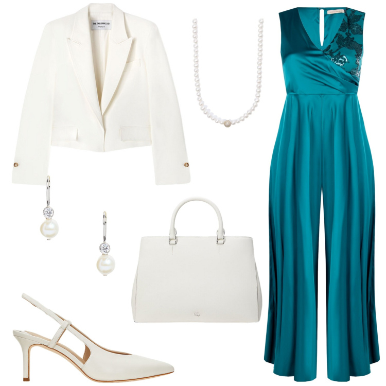 Outfit donna - Cerimonia con stile Bantoa. Stile Trendy per Cerimonia. Abbinamento con tute, collane, décolleté, orecchini, borse a mano, blazer.