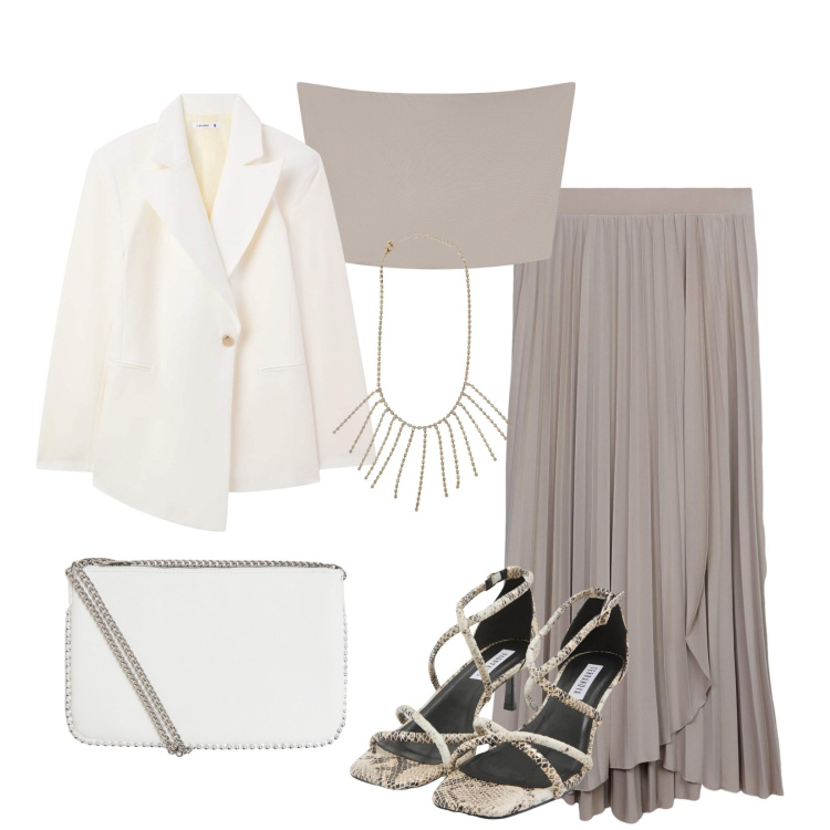 Outfit donna - Total look #2116492. Stile Minimal per Cerimonia. Abbinamento con sandali col tacco, gonne lunghe, blazer, top, collane, borse a tracolla.