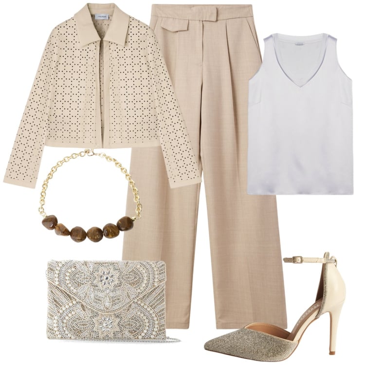Outfit donna - Una collana per la cerimonia. Stile Chic per Cerimonia. Abbinamento con pochette, pantaloni, décolleté, collane, top, blazer.
