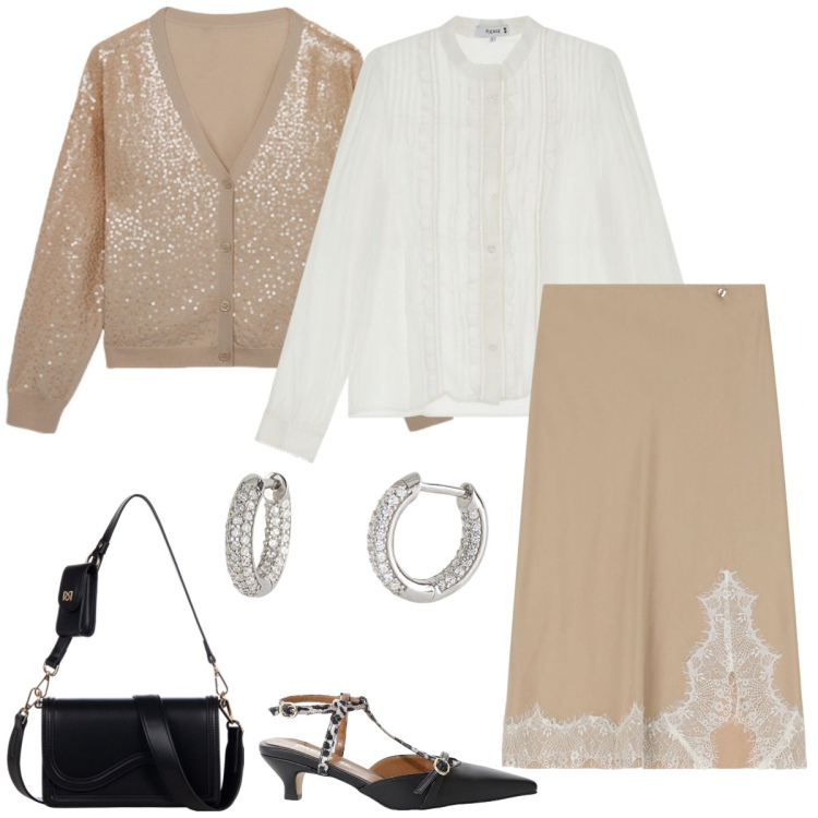 Outfit donna - Pranzo in città. Stile Bon Ton per Tutti i giorni. Abbinamento con décolleté, gonne longuette, orecchini, pochette, camicie, cardigans.